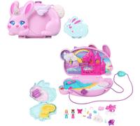 Juguete de viaje porttil de Polly Pocket con 2 muecas micro y 12 accesorios, incluyendo mascotas 2-en-1, juego de bolso compacto de conejito co