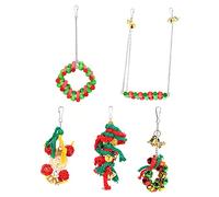 Juguete para periquitos, Set 5 Piezas, Madera Natural y Colores navideños - Diversión Segura y campanillas Atractivas
