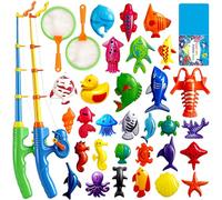 Juguetes de Baño para Niños 3+ Años Juego de Pesca Magnético con 30 Animales Acuáticos Juguetes para Piscina y Playa con 2 Cañas y 2 Redes, Regalo Verano Educativo al Aire Libre