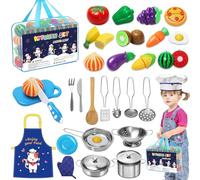 Juguetes de Cocina para niños Accesorios 32 Piezas Accesorios Cocina Juguetes,Juguetes de Chef para Niños,Utensilios Cocina Juego de Roles,Utensilios Cocina Juguete con Delantal y Gorro de Chef