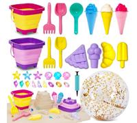 Juguetes de playa para niños, 31 piezas, juego de cubo y pala para niños, juguetes de arena con cubo de playa, bola de playa de 16 pulgadas, juguetes de helado para niños, gemas, juguetes de arena