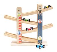 Juguetes de rampa de Coche de Madera con 4 Mini Coches Tobogán de Coche en Zigzag Juguetes para niños pequeños,Circuito de Carreras,Bebés y Niños Pequeños de 1 y 2 3 años