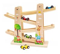 Juguetes de Rampa de Coche de Madera | Tobogán de Coche en Zigzag | Pista de Carreras de Madera con 4 Coches Juguetes para Niños Pequeños Regalo de Juguete Educativo para Niño(Forest)