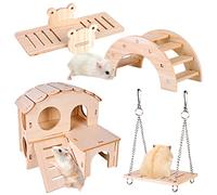 Juguetes Hamster Madera, Juguetes para Masticar Hámster, 4 Piezas Juguetes para Hámster Columpio, Balancín, Casa, Accesorios De Juguete para Los Conejos, La Chinchilla, Hámsters, Cobayas