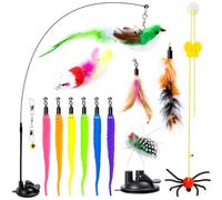 Juguetes interactivos de plumas para gatos, 14 piezas de caña de pescar duraderas, reemplazos de juguete de plumas de gatos, ventosa mejorada, juguete de cuerda para gatos para colgar en la puerta