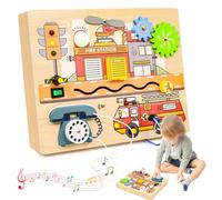 Juguetes Montessori Busy Board para Niños 1 2 3 Años, Montessori Paneles Sensoriales de Madera con Tema de Los Bomberos, Juego Educativo con Luz Led, Interruptores y Música, Regalo para Niños Niñas