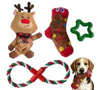 Juguetes navideños para perros, paquete de 4 unidades, peluche chirriante | Peluche chirriante de reno, juguete de calcetín de Navidad chirriante de Papá Noel, nudo masticable duradero
