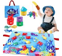 Juguetes Niños 1 Año Montessori, Pescar Juguete, Juego de Pescador, 15 Piezas Juego Pesca de Tela con Taza Apilables, Almacén Bolsa, Educativos Juguetes Bebes 6-12 Meses, Regalo Bebe 1 2 Año