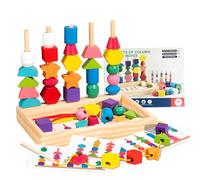 Juguetes Niños Madera, 2 en 1 Montessori Juegos Apilables Apilar y Enhebrar de Madera, Cuentas de Madera Juguete, GeoméTricas Colores Clasificar Bloques, Juguetes Montessori Niños de 3 a 5 Años