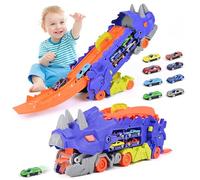 Juguetes para Camiones de Dinosaurios, Portátil Pista De Carreras Camión Juguete Coche con 8 Coches De Carreras, Dinosaurio de Juguete Regalos para Niños, Camiones Juguete Coche para Niños 3-8 Años