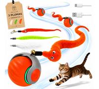 Juguetes para Gatos Interactivos - Pelota Interactiva para Gatos Recargable USB-C con Cola de Plumas, Juguete Automático con 2 Velocidades y Modo Inteligente - Estimula su instinto de caza (NARANJA)