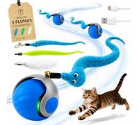 Juguetes para Gatos Interactivos - Pelota Interactiva para Gatos Recargable USB-C con Cola de Plumas, Juguete Automático con 2 Velocidades y Modo Inteligente - Estimula su instinto de caza (AZUL)
