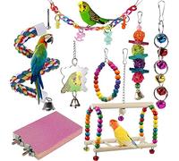 Juguetes para pájaros, juguete de columpio de loro con cuentas de madera coloridas, campanas y jaula de pájaros para mascotas, juguetes para masticar para pequeños periquitos 8 piezas