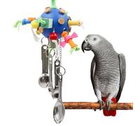 Juguetes para pájaros para parque infantil, juguetes de periquitos con bola de plástico, decoración de madera y cucharas de metal para masticar, accesorios de jaula de pájaros para periqueros grises