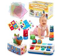 Juguetes sensoriales bebé 6-12 Meses educativos - Set de estimulación temprana con guía Paso a Paso para Padres | Cubos apilables, Pop-up Causa-Efecto y Caja sensorial | Regalo Montessori bebé 1 año
