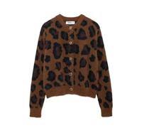 JuHongLeMin Chaqueta tipo cárdigan con estampado de leopardo para mujer, de manga larga, cálida, con patrón animal, jacquard, de piel artificial, acogedora, para invierno, marrón oscuro, M