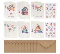 Juibao Juego de 12 Tarjetas de Cumpleaños Acuarela, 6 Diseños Birthday Card con Sobres y Pegatinas, Tarjetas Felicitación Plegables A6 para Cumpleaños