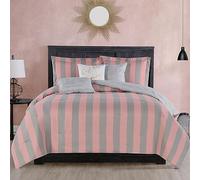 Juicy Couture Cabana, juego de ropa de cama reversible a rayas, tamaño individual, estampado de rayas rosa y gris, juego de 5 piezas, incluye 1 edredón de 167,64 cm x 228,6 cm, 3 almohadas decorativas