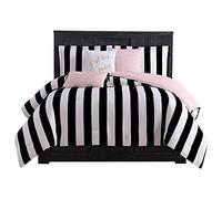 Juicy Couture Cabana, Juego de Ropa de Cama Reversible a Rayas, tamaño Queen, Estampado de Rayas Blancas y Negras, Juego de 6 Piezas, Incluye 1 edredón de 228,6 cm x 228,6 cm, 3 Almohadas Decorativas