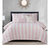 Juicy Couture Cabana, juego de ropa de cama reversible a rayas, tamaño queen/matrimonial, estampado de rayas rosadas y blancas, juego de 6 piezas, incluye 1 edredón de 228,6 cm x 228,6 cm, 3 almohadas