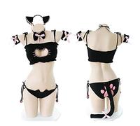Juig Encantadores Disfraces de Cosplay de Neko, Lindo Collar de Gato Lolita, Sujetador Perforado, Conjunto de Ropa Interior, lencería Sexy, Gargantilla de Campana, Top, Bragas y Cola