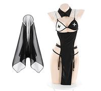 Juig Lencería Sexy, uniforme de monja, disfraces de bruja de la pasión, vestido de Cosplay para mujeres adultas con velo negro, traje de sirvienta de fiesta de Halloween de Anime