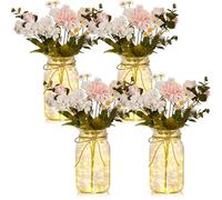 Juinte 4 juegos de tarros Mason con luces rosa manzanilla, centros de mesa decorativos rosas para mesas, tarros de masón, decoración de flores, jarrón LED de granja para decoración del hogar, boda