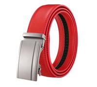 JUJNTNT Cinturón de cuero para hombre, cinturón de vestir con hebilla automática, cinturón deslizante a rayas cepilladas para hombre, ajustable, color negro (130 cm/rojo)