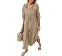 Juketron Vestido Largo de algodón y cáñamo para Mujer, Camisa Holgada de un Solo Pecho de algodón y cáñamo, Vestido Informal de Color sólido, otoño