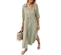 Juketron Vestido Largo de algodón y cáñamo para Mujer, Camisa Holgada de un Solo Pecho de algodón y cáñamo, Vestido Informal de Color sólido, otoño