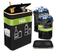 Jukibole Botellas de depósito de 160 l, recipiente con tapa y 2 bolsas de transporte, plegable, colector de botellas, vacío, 2 compartimentos, organizador para cocina y trastero (negro)