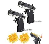 JUKOTA 2 pcs Negro Pistola de Banda de Goma Mini Metal Plegable con Llavero y 120 Pcs Banda de Goma,Plegable Hecha a Mano Pistola de Juguete Mini de Goma metálica con Llavero
