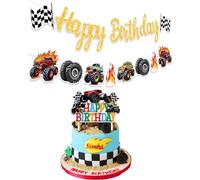 JUKOTA monster truck birthday banner cartel de cumpleaños de coches de bomberos con guirnalda productos para fiestas temáticas de coches de carreras Viene con inserto de pastel de cumpleaños
