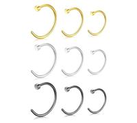 JUKOTA Piercing nasal protésico de titanio G23 para tabique nasal, piercing nasal protésico para hueso nasal, hipoalergénico, 18 g, 20 g, 6 mm, 8 mm y 10 mm, juego de 9 piezas en oro negro y plata