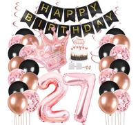 Juland Decoración de fiesta de cumpleaños número 27, color negro, dorado, rosa, pancarta de feliz cumpleaños, globo de látex, globo de confeti, corona rosa, globo de aluminio de 27 números, remolino