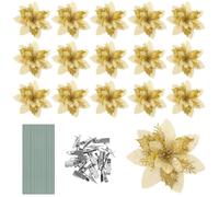 JULBEAR Estrella de Navidad artificial, 16 unidades de flores de Navidad con purpurina, flores artificiales con clips, para decoración de árbol de Navidad, adornos para árbol de Navidad, color dorado