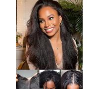 Julia Hair EasiContour - Peluca de cabello humano lacio tipo afro con parte en V, sin pegamento, sin pegamento, media peluca con clip, sin dejar fuera, cuero cabelludo real, peluca tipo afro con parte