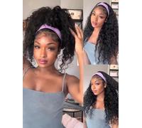 Julia Hair Peluca de cabello humano con diadema 12A, ondulada, sin encaje frontal, sin pegamento, con bufanda prefijada, para mujeres negras, rizada, onda profunda, peluca natural para principiantes