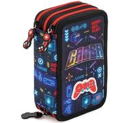 Julian Ross Estuche Escolar 3 Cremalleras Completo Niño - 46 Piezas Material Escolar - Plumier Triple con Bolígrafos Borrables, Rotuladores, Lápices, Diseño Gamer Videojuegos