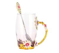 Julihai Taza de Cristal Hecha a Mano, Taza de té Floral con Cuchara para Regalo de Oficina en Casa, Vasos sin BPA para Navidad y Cumpleaños (600g) (Marrón estilo crisantemo 350ML)
