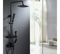 Julymoda Columna de ducha con mezclador kit de ducha hidromasaje 4 modos con cabezal de ducha y pistola de pulverización altura ajustable negro (20 × 20 cm)