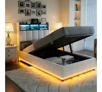 Julyue Cama hidráulica de 90 x 200 cm con iluminación LED RGB y control de aplicación, cabecero con estación de carga (USB/tipo C) y estante, cama de terciopelo de alta calidad con espacio de