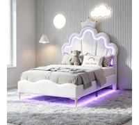 Julyue Cama infantil blanca con luces LED RGB, cabecero en forma de nube con corona, cama acolchada de 90 x 190 cm, piel sintética blanca, altura ajustable y espacio bajo cama