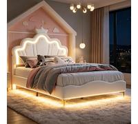 Julyue Cama infantil blanca con luces LED RGB, cabecero en forma de nube con corona, cama acolchada de 140 x 190 cm, piel sintética blanca, altura ajustable y espacio bajo cama