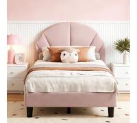 Julyue - Cama infantil de 90 x 200 cm con cabecera ajustable en altura y forma de concha, terciopelo cama adolescente 90 x 200 cm, cama individual acolchada para niña, sin colchones. (rosa, 90 x 200