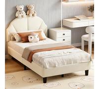 Julyue - Cama infantil de 90 x 200 cm con cabecera ajustable en altura y forma de concha, terciopelo cama adolescente 90 x 200 cm, cama individual acolchada para niña, sin colchones. (beige, 90 x 200