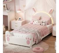 Julyue Cama infantil de 90 x 200 cm con LED y espacio de almacenamiento, cama individual para niña con somier, cama acolchada segura con construcción reforzada para habitación de niña, sin colchón