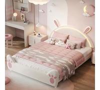 Julyue Cama infantil de conejo de 140 x 200 cm con LED y espacio de almacenamiento, cama individual para niña con somier, cama acolchada segura con construcción reforzada para habitación de niña, sin