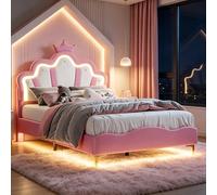 Julyue Cama infantil rosa con luces LED RGB, cabecero en forma de nube con corona, cama acolchada de 140 x 190 cm, piel sintética rosa, altura ajustable y espacio bajo cama