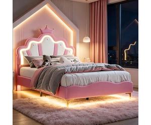 Julyue Cama infantil rosa con luces LED RGB, cabecero en forma de nube con corona, cama acolchada de 140 x 190 cm, piel sintética rosa, altura ajustable y espacio bajo cama